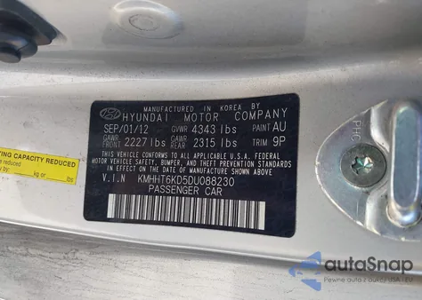 2013 Hyundai Genesis 2.0T z USA, uszkodzony, nr VIN KMHHT6KD5DU088230